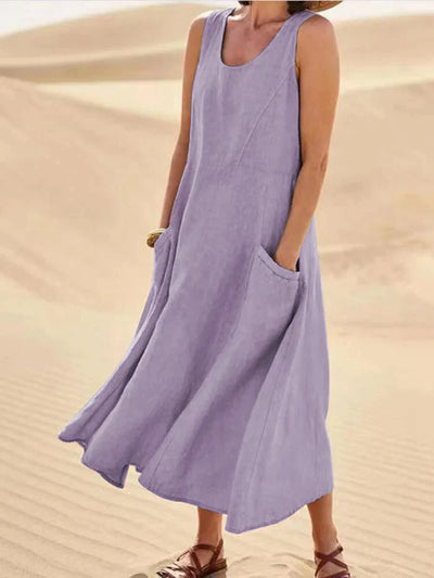 Leinen Sommerkleid | Mit Taschen | Ärmellos | Lang | Rundhalsausschnitt | Uni-Lila-S-Luzern Mode
