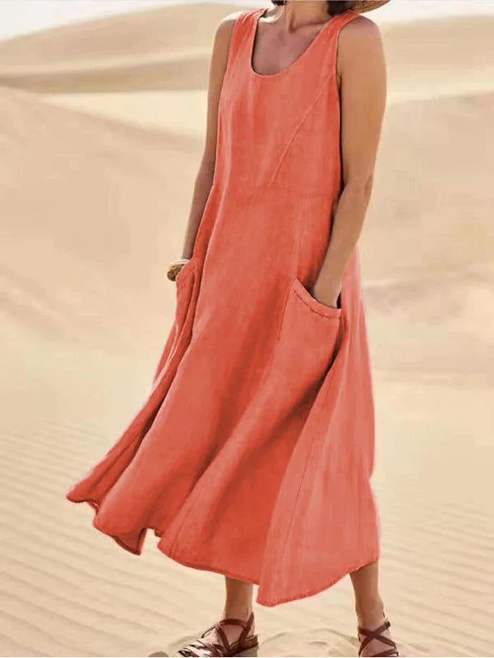 Leinen Sommerkleid | Mit Taschen | Ärmellos | Lang | Rundhalsausschnitt | Uni-Orange-S-Luzern Mode