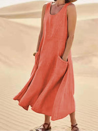 Leinen Sommerkleid | Mit Taschen | Ärmellos | Lang | Rundhalsausschnitt | Uni-Orange-S-Luzern Mode