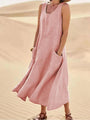 Leinen Sommerkleid | Mit Taschen | Ärmellos | Lang | Rundhalsausschnitt | Uni-Rosa-S-Luzern Mode