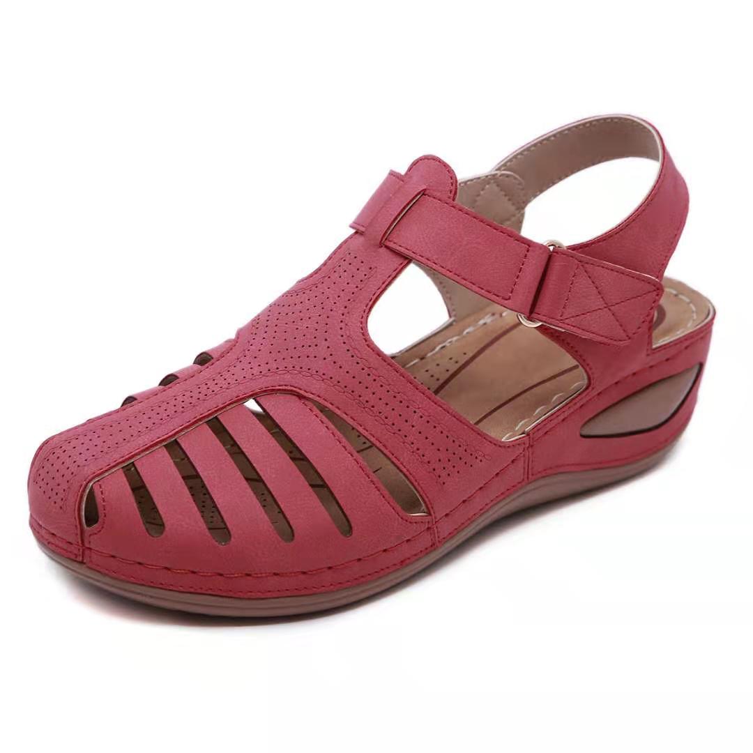 Damen Sandalen | Leder | Geschlossene Spitze | Orthopädisch | Schnallenverschluss-Rot-35-Luzern Mode
