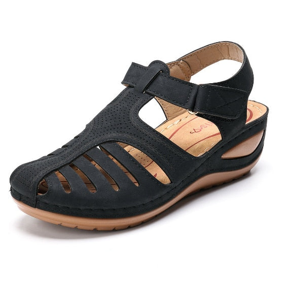 Damen Sandalen | Leder | Geschlossene Spitze | Orthopädisch | Schnallenverschluss-Schwarz-35-Luzern Mode