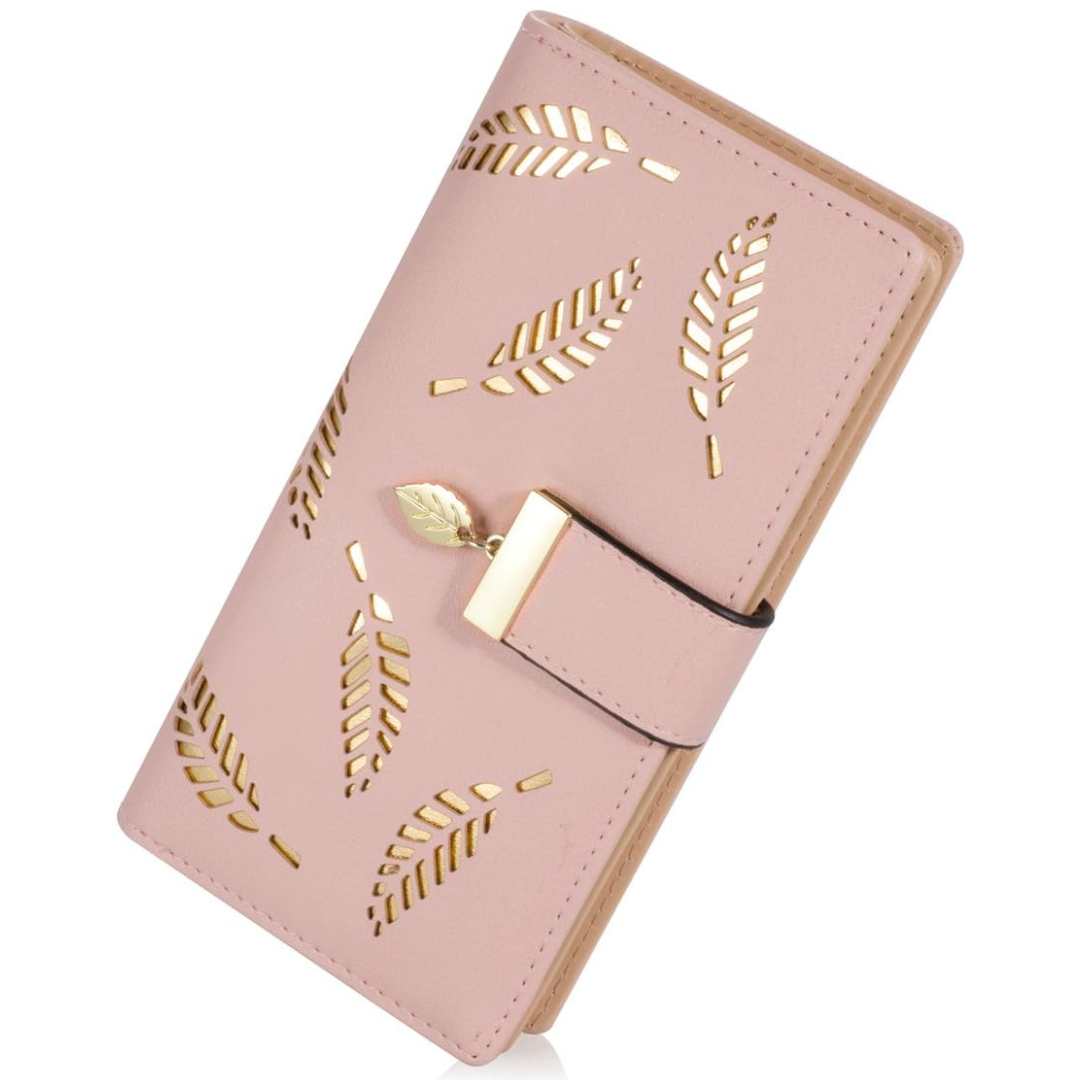 Damen Leder Geldbörse mit Blattmuster und Schnalle-Rosa-Luzern Mode