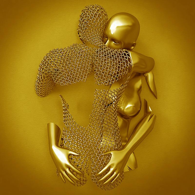 Canvas mit Metallfigur | Liebe Einzigartig Stilvoll Langlebig Vielseitig-Gold (Ohne Rahmen)-Liebevolle Umarmung-30 x 40 cm-Luzern Mode