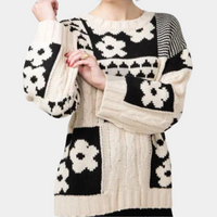 Damen Strickpullover mit Blumenmuster und Patchwork Design-Luzern Mode