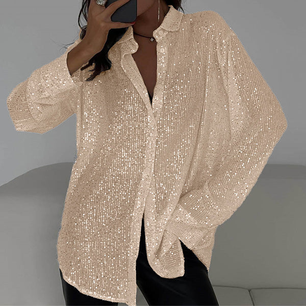 Damenbluse mit Pailletten | Lässig | Funkelnd | Knöpfe-Champagner-S-Luzern Mode