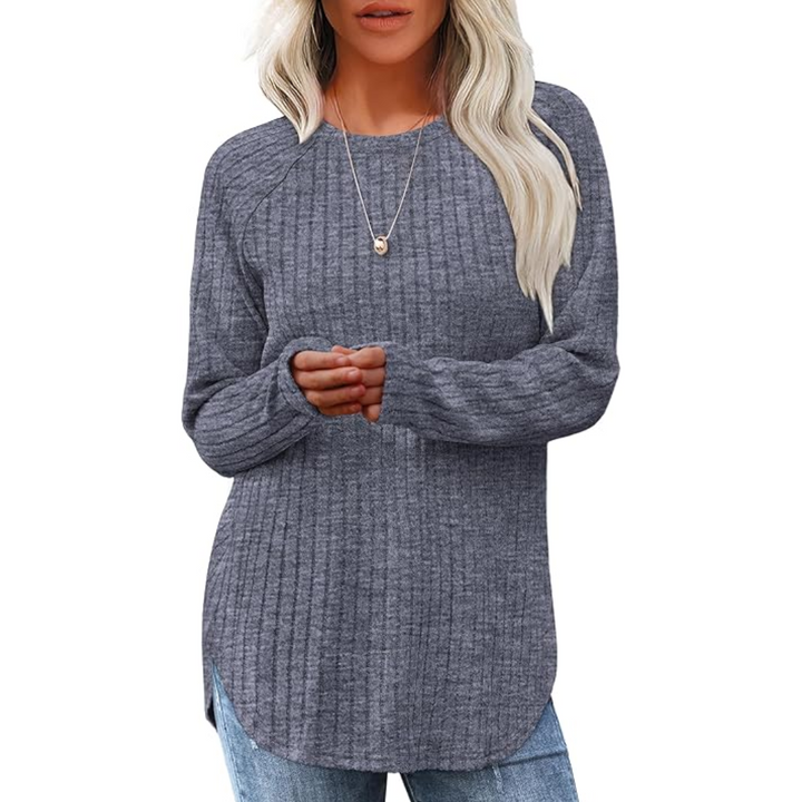 Damen Strickpullover Langarm Rundhals Casual Mode Top-Grau-Blau-S-Luzern Mode
