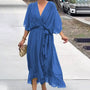 Maxi Kleid | Locker fallend | V-Ausschnitt | Lange Ärmel | V-Ausschnitt | Polyester-Blau-M-Luzern Mode