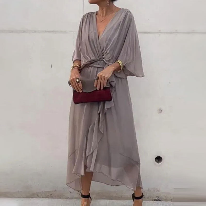 Maxi Kleid | Locker fallend | V-Ausschnitt | Lange Ärmel | V-Ausschnitt | Polyester-Grau-M-Luzern Mode