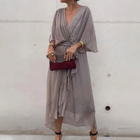 Maxi Kleid | Locker fallend | V-Ausschnitt | Lange Ärmel | V-Ausschnitt | Polyester-Grau-M-Luzern Mode