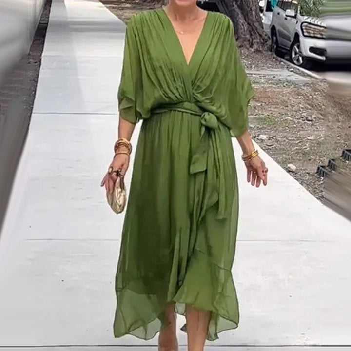 Maxi Kleid | Locker fallend | V-Ausschnitt | Lange Ärmel | V-Ausschnitt | Polyester-Grün-M-Luzern Mode