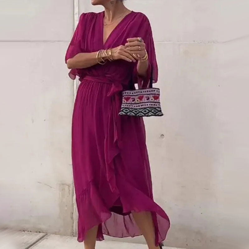 Maxi Kleid | Locker fallend | V-Ausschnitt | Lange Ärmel | V-Ausschnitt | Polyester-Lila-M-Luzern Mode