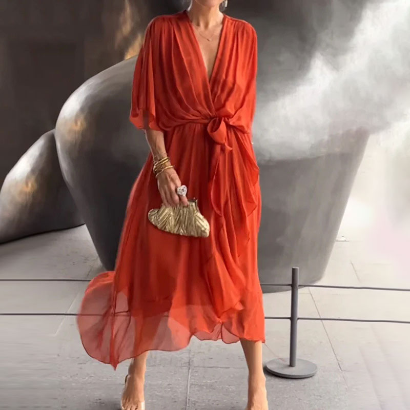 Maxi Kleid | Locker fallend | V-Ausschnitt | Lange Ärmel | V-Ausschnitt | Polyester-Orange-M-Luzern Mode