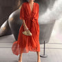 Maxi Kleid | Locker fallend | V-Ausschnitt | Lange Ärmel | V-Ausschnitt | Polyester-Orange-M-Luzern Mode