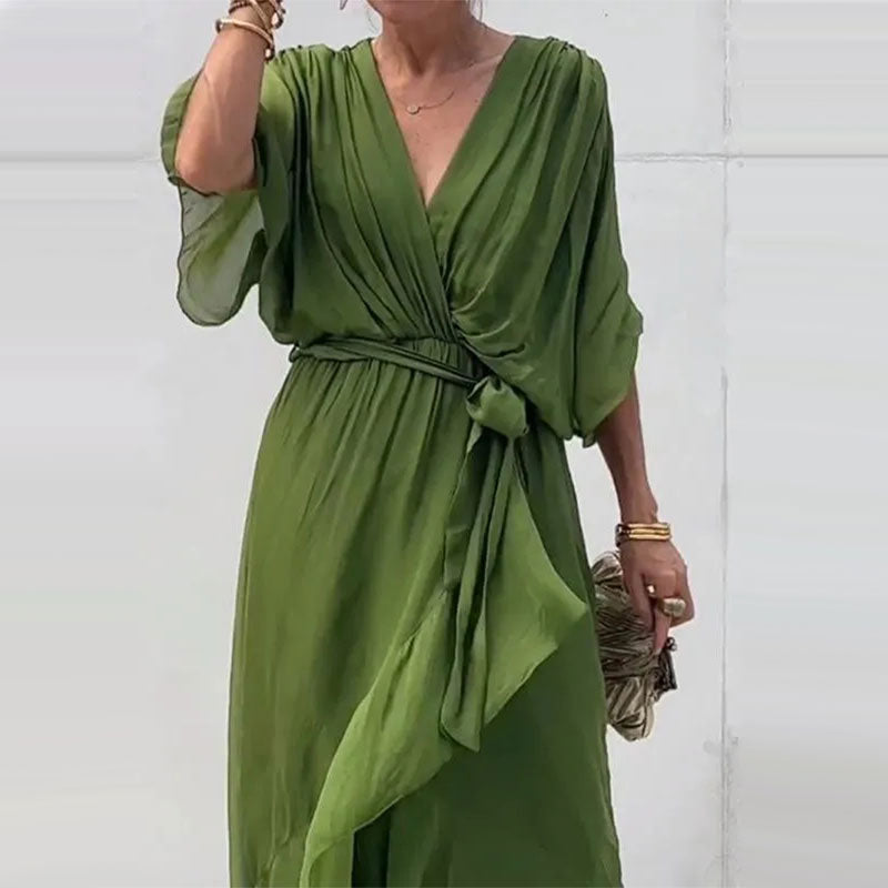 Maxi Kleid | Locker fallend | V-Ausschnitt | Lange Ärmel | V-Ausschnitt | Polyester-Luzern Mode