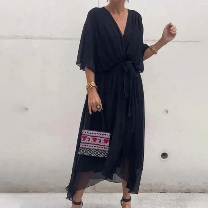 Maxi Kleid | Locker fallend | V-Ausschnitt | Lange Ärmel | V-Ausschnitt | Polyester-Schwarz-M-Luzern Mode