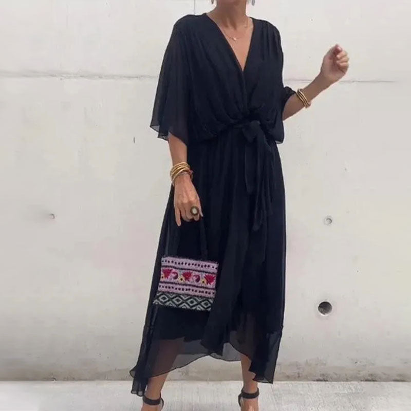 Maxi Kleid | Locker fallend | V-Ausschnitt | Lange Ärmel | V-Ausschnitt | Polyester-Schwarz-M-Luzern Mode
