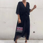 Maxi Kleid | Locker fallend | V-Ausschnitt | Lange Ärmel | V-Ausschnitt | Polyester-Schwarz-M-Luzern Mode