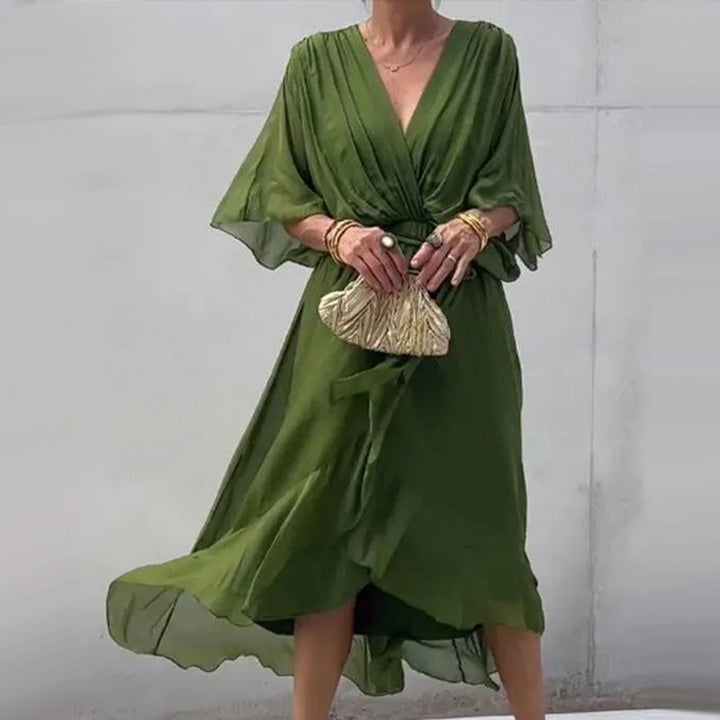 Maxi Kleid | Locker fallend | V-Ausschnitt | Lange Ärmel | V-Ausschnitt | Polyester-Luzern Mode