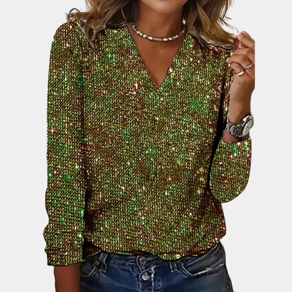 Elegante Damen Paillettenbluse mit V-Ausschnitt und 3/4-Ärmeln-Grün-S-Luzern Mode