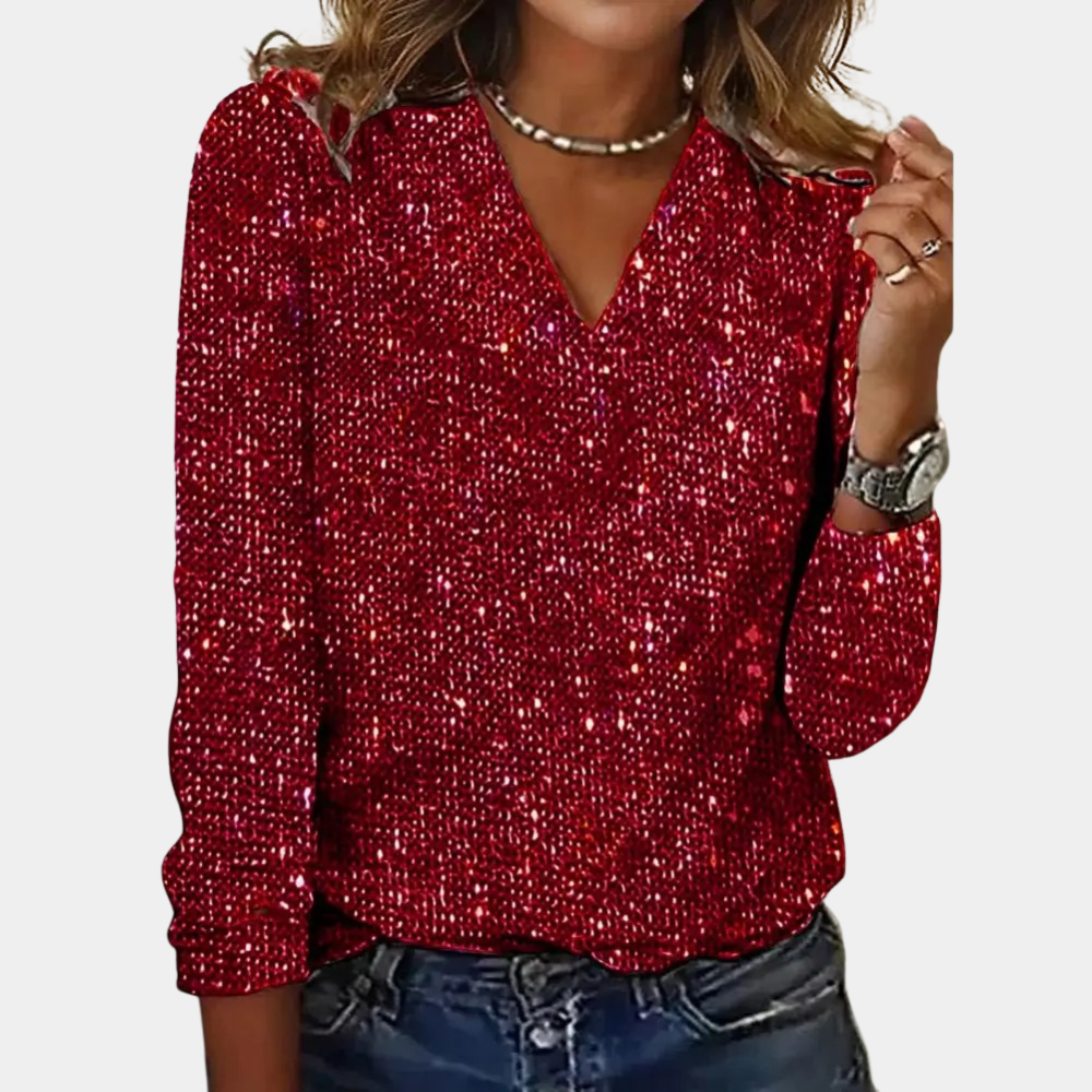 Elegante Damen Paillettenbluse mit V-Ausschnitt und 3/4-Ärmeln-Rot-S-Luzern Mode