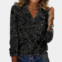 Elegante Damen Paillettenbluse mit V-Ausschnitt und 3/4-Ärmeln-Schwarz-S-Luzern Mode