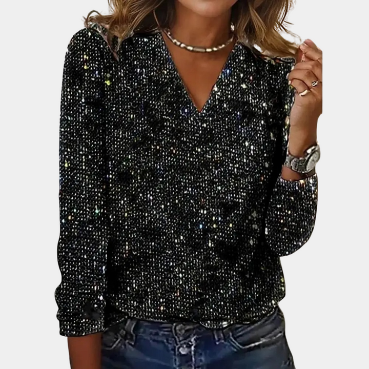 Elegante Damen Paillettenbluse mit V-Ausschnitt und 3/4-Ärmeln-Schwarz-S-Luzern Mode
