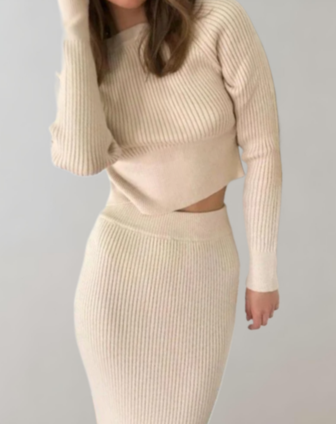 Damen Strickkleid Set mit Langarm Pullover und Rock-2XS-Beige-Luzern Mode