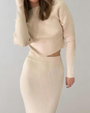 Damen Strickkleid Set mit Langarm Pullover und Rock-2XS-Beige-Luzern Mode