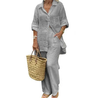 Oversized Set Damen Sommer | Bluse & weite Hose | Leinenmix | Luftig & stylisch-Grau-S-Luzern Mode