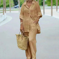 Oversized Set Damen Sommer | Bluse & weite Hose | Leinenmix | Luftig & stylisch-Khaki-S-Luzern Mode