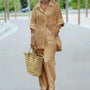 Oversized Set Damen Sommer | Bluse & weite Hose | Leinenmix | Luftig & stylisch-Khaki-S-Luzern Mode