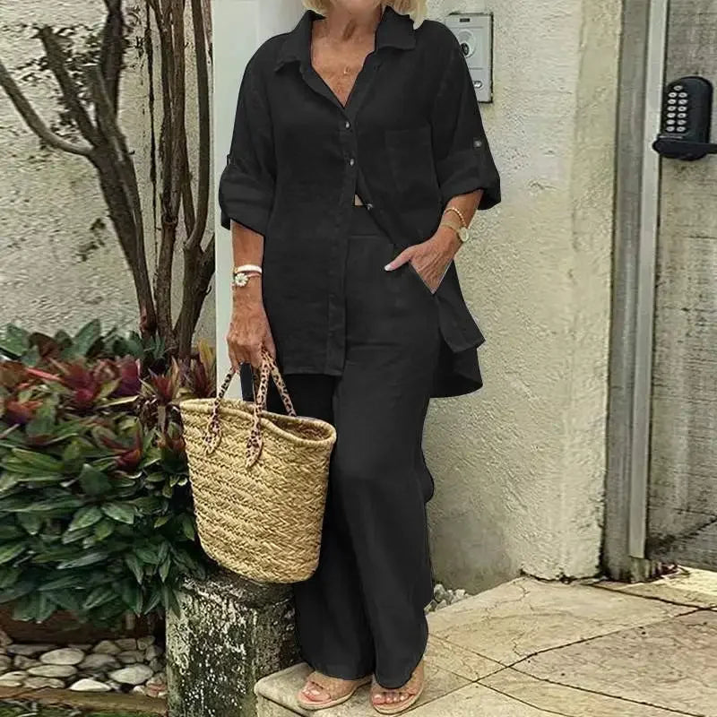 Oversized Set Damen Sommer | Bluse & weite Hose | Leinenmix | Luftig & stylisch-Schwarz-S-Luzern Mode