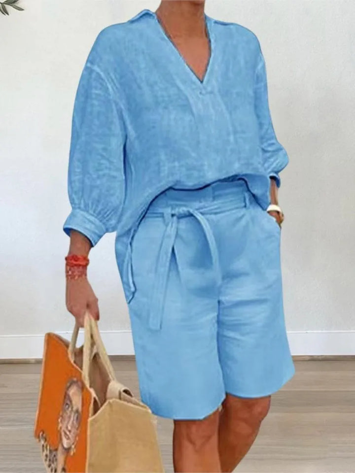 Leinen Zweiteiler Damen | Bluse mit Bindung | Shorts mit Taschen | Atmungsaktiv & leicht-Blau-S-Luzern Mode