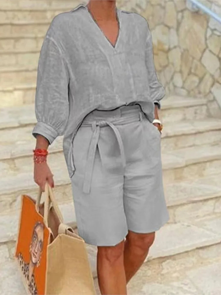 Leinen Zweiteiler Damen | Bluse mit Bindung | Shorts mit Taschen | Atmungsaktiv & leicht-Hellgrau-S-Luzern Mode