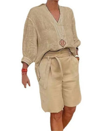 Leinen Zweiteiler Damen | Bluse mit Bindung | Shorts mit Taschen | Atmungsaktiv & leicht-Khaki-S-Luzern Mode