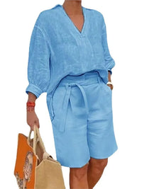Leinen Zweiteiler Damen | Bluse mit Bindung | Shorts mit Taschen | Atmungsaktiv & leicht-Luzern Mode