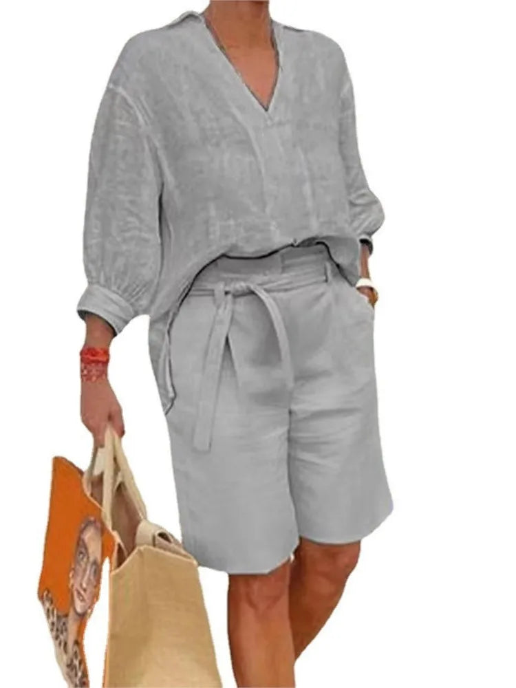 Leinen Zweiteiler Damen | Bluse mit Bindung | Shorts mit Taschen | Atmungsaktiv & leicht-Luzern Mode