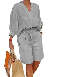 Leinen Zweiteiler Damen | Bluse mit Bindung | Shorts mit Taschen | Atmungsaktiv & leicht-Luzern Mode