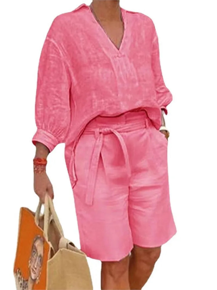 Leinen Zweiteiler Damen | Bluse mit Bindung | Shorts mit Taschen | Atmungsaktiv & leicht-Luzern Mode
