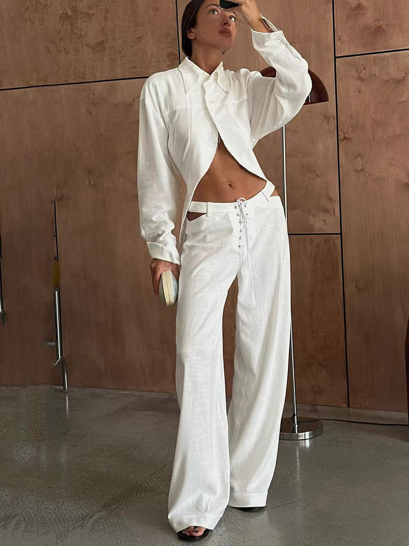 Leinen Zweiteiler Damen | Atmungsaktiv & locker | Langarmshirt | Weite Mid-Waist Hose-Luzern Mode