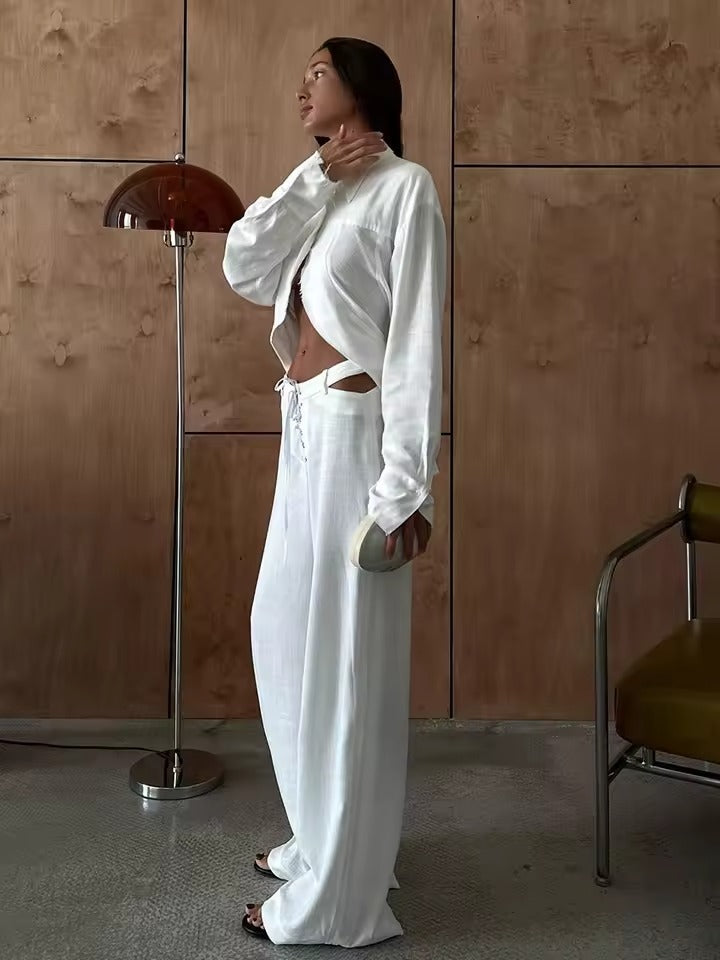 Leinen Zweiteiler Damen | Atmungsaktiv & locker | Langarmshirt | Weite Mid-Waist Hose-Luzern Mode