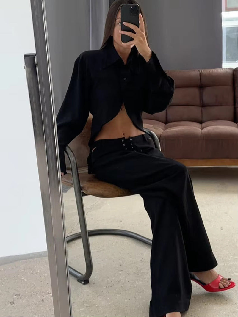 Leinen Zweiteiler Damen | Atmungsaktiv & locker | Langarmshirt | Weite Mid-Waist Hose-Schwarz-S-Luzern Mode