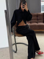 Leinen Zweiteiler Damen | Atmungsaktiv & locker | Langarmshirt | Weite Mid-Waist Hose-Schwarz-S-Luzern Mode