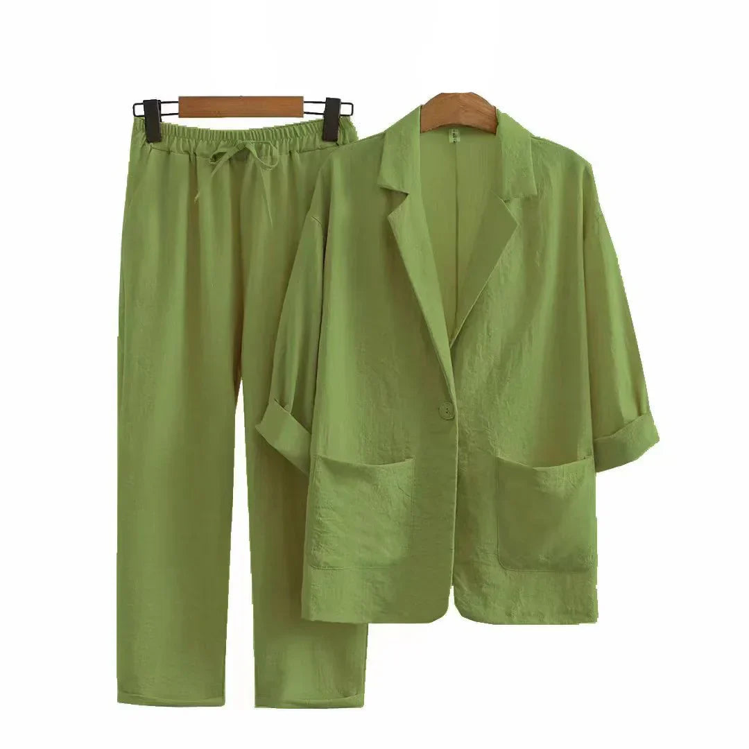 Zweiteiler Damen Sommer | Leinen Baumwolle | Lockerer Schnitt | Stylisch & luftig-Grün-S-Luzern Mode