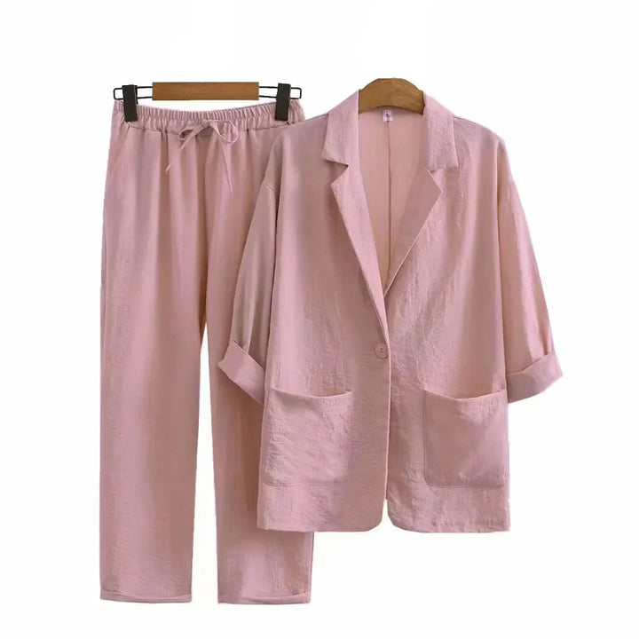 Zweiteiler Damen Sommer | Leinen Baumwolle | Lockerer Schnitt | Stylisch & luftig-Rosa-S-Luzern Mode