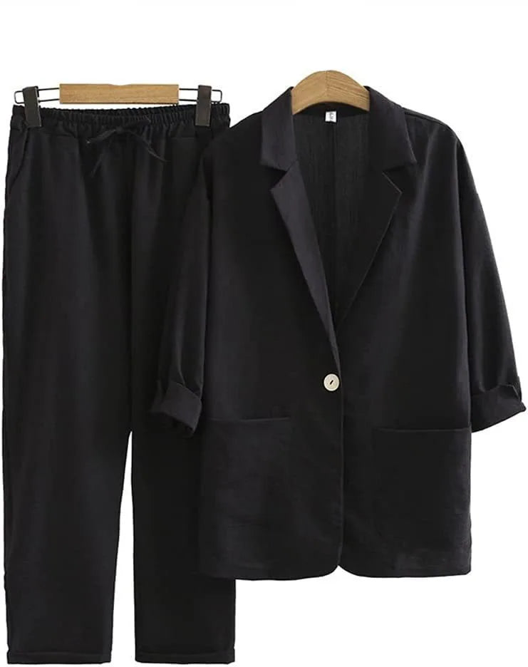 Zweiteiler Damen Sommer | Leinen Baumwolle | Lockerer Schnitt | Stylisch & luftig-Schwarz-S-Luzern Mode