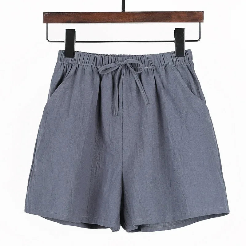 Sommer Shorts Damen | Hohe Taille | Leinen Baumwolle | Sportlich | Luftig | Trendy-Dunkelgrau-S-Luzern Mode