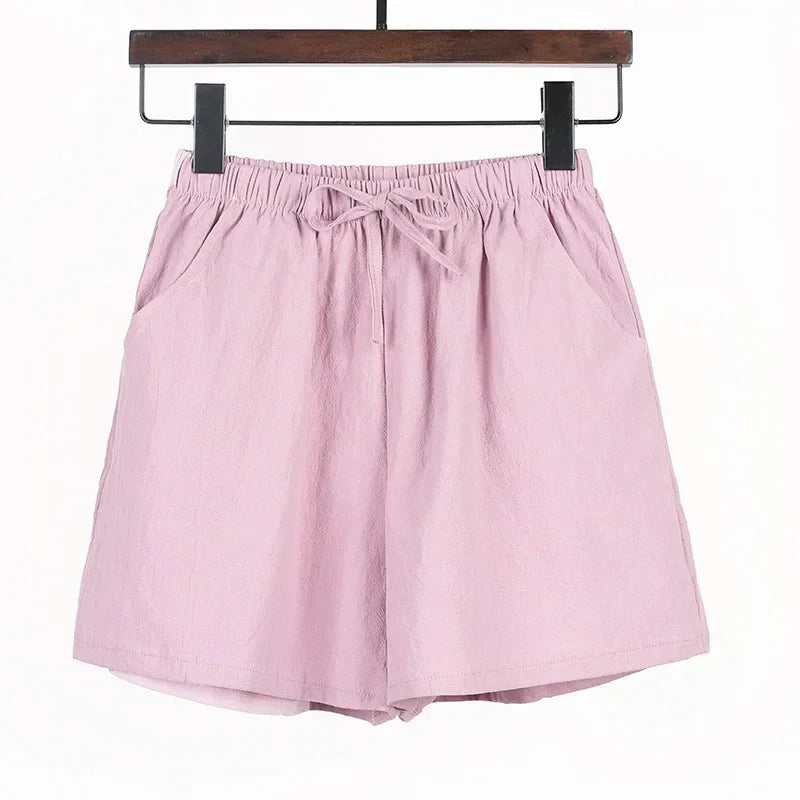 Sommer Shorts Damen | Hohe Taille | Leinen Baumwolle | Sportlich | Luftig | Trendy-Rosa-S-Luzern Mode