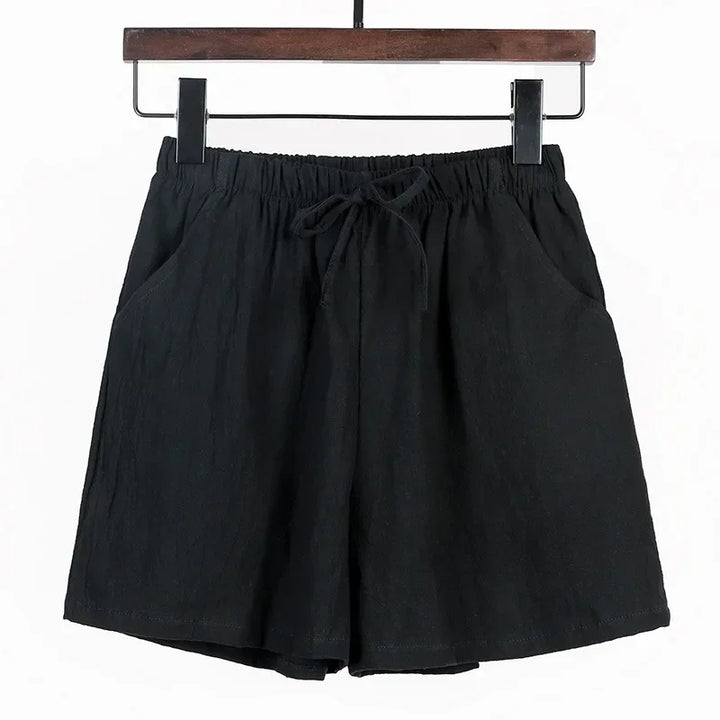 Sommer Shorts Damen | Hohe Taille | Leinen Baumwolle | Sportlich | Luftig | Trendy-Schwarz-S-Luzern Mode